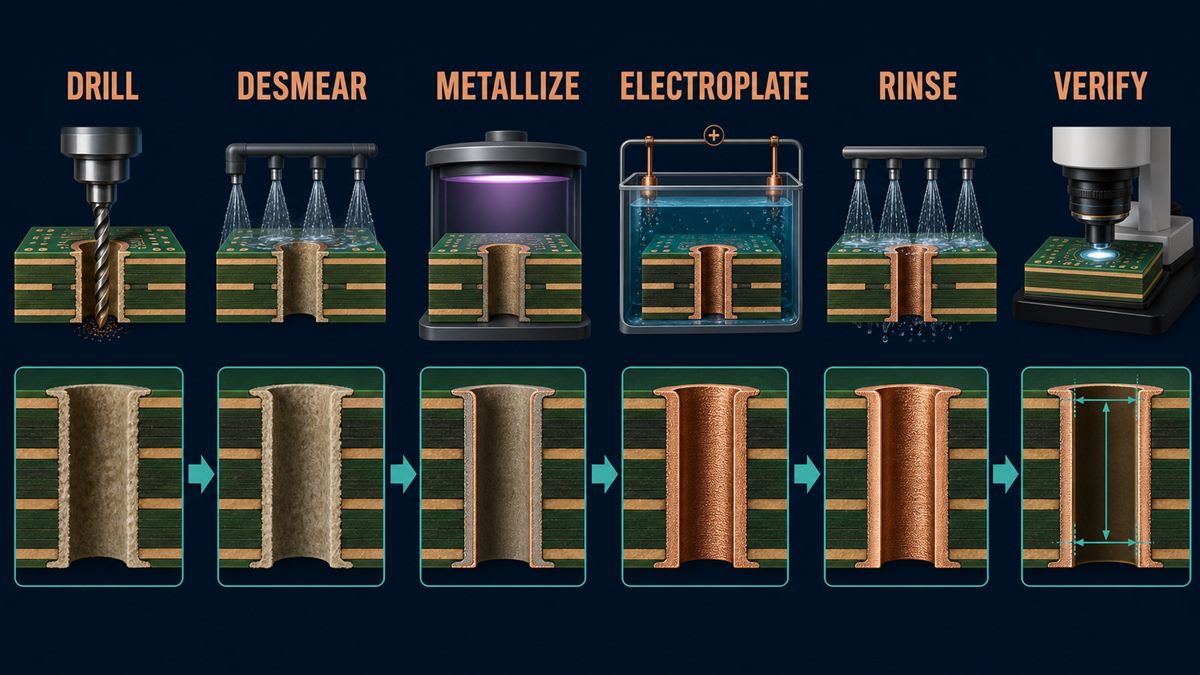 PCB copper plating process from drilling and desmear through metallization electroplating rinse and verification