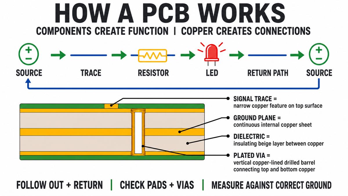 PCB working principle diagram showing source, component, copper trace, via, plane and return path