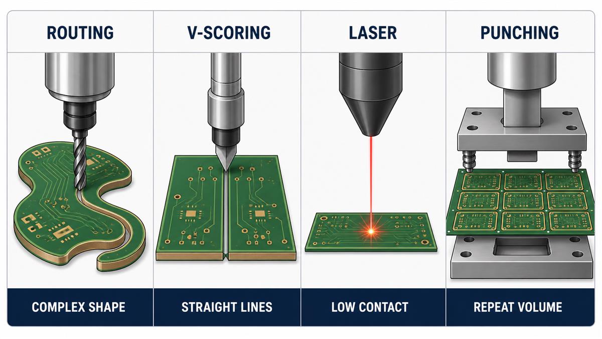PCB cutting method selection comparing routing V-scoring laser and punching