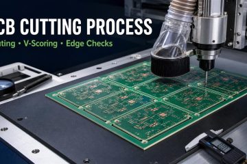 PCB routing machine cutting a production panel with dust extraction and edge inspection tools