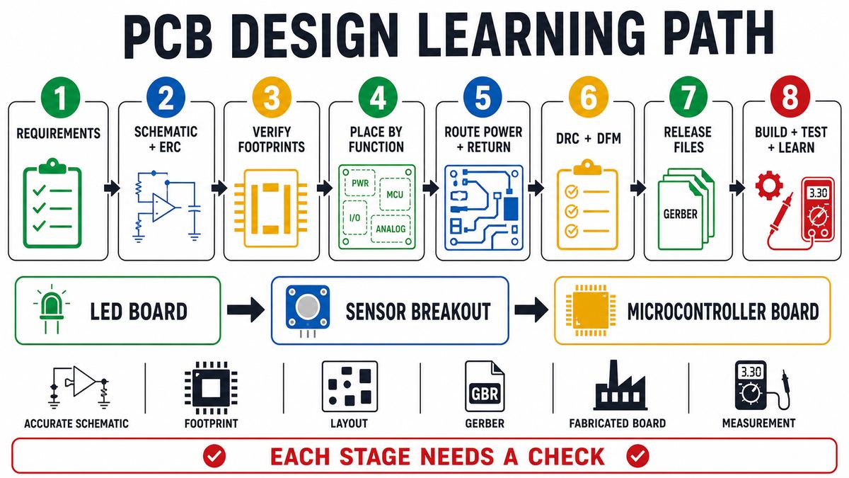 PCB design learning path from requirements and schematic through DFM, fabrication and first-board test