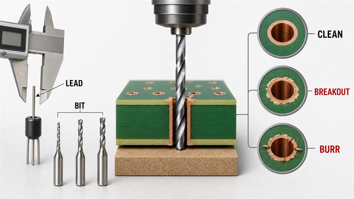 PCB drill bit selection and clean, breakout, and burr hole quality examples