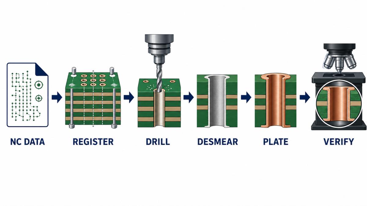 PCB drilling control flow from NC data through registration drilling desmear plating and verification