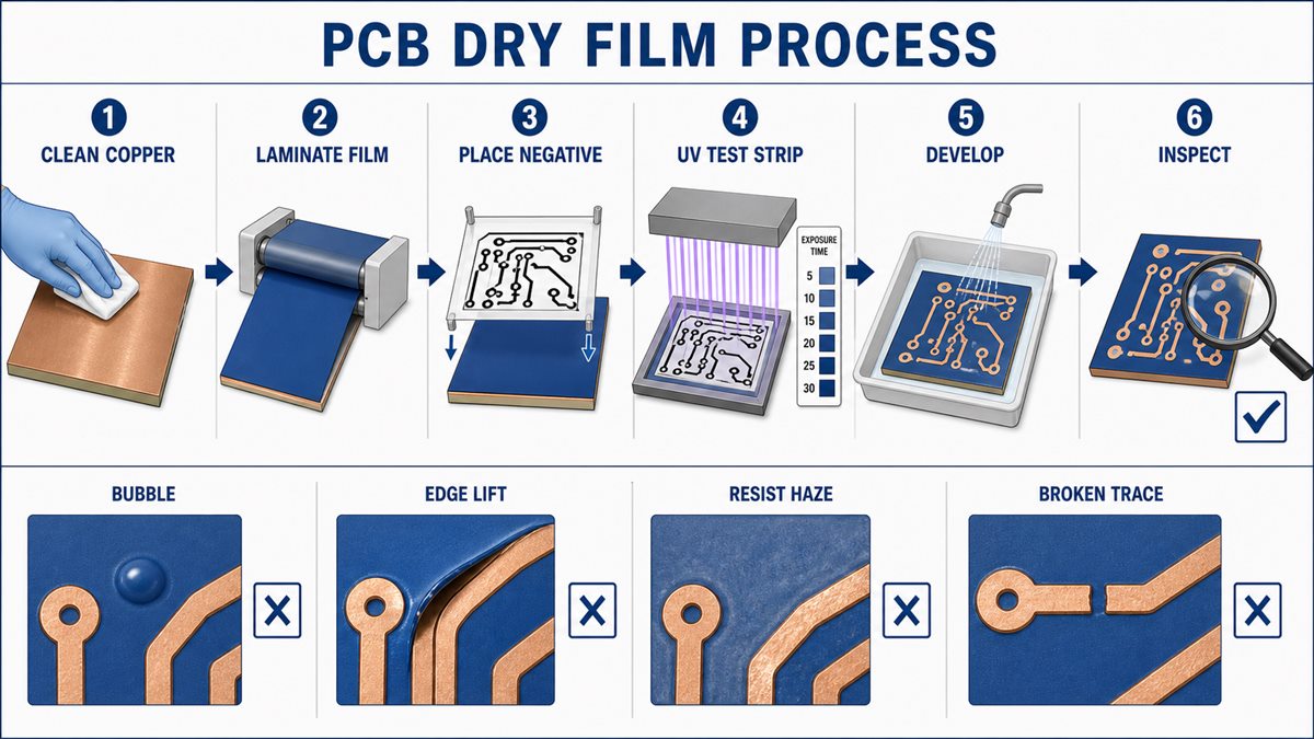 Dry film PCB workflow and common defect diagnosis chart