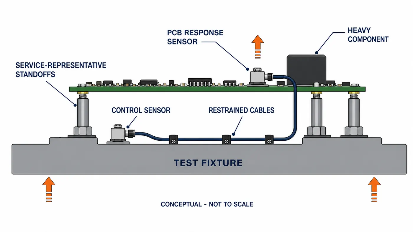Conceptual PCB test fixture with control sensor, board response sensor, standoffs and restrained cables
