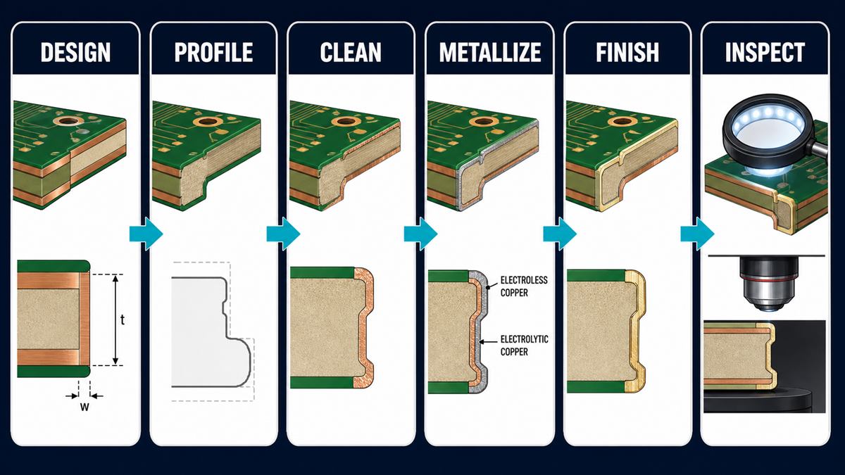 PCB edge plating control flow from design and profiling through metallization finishing and inspection