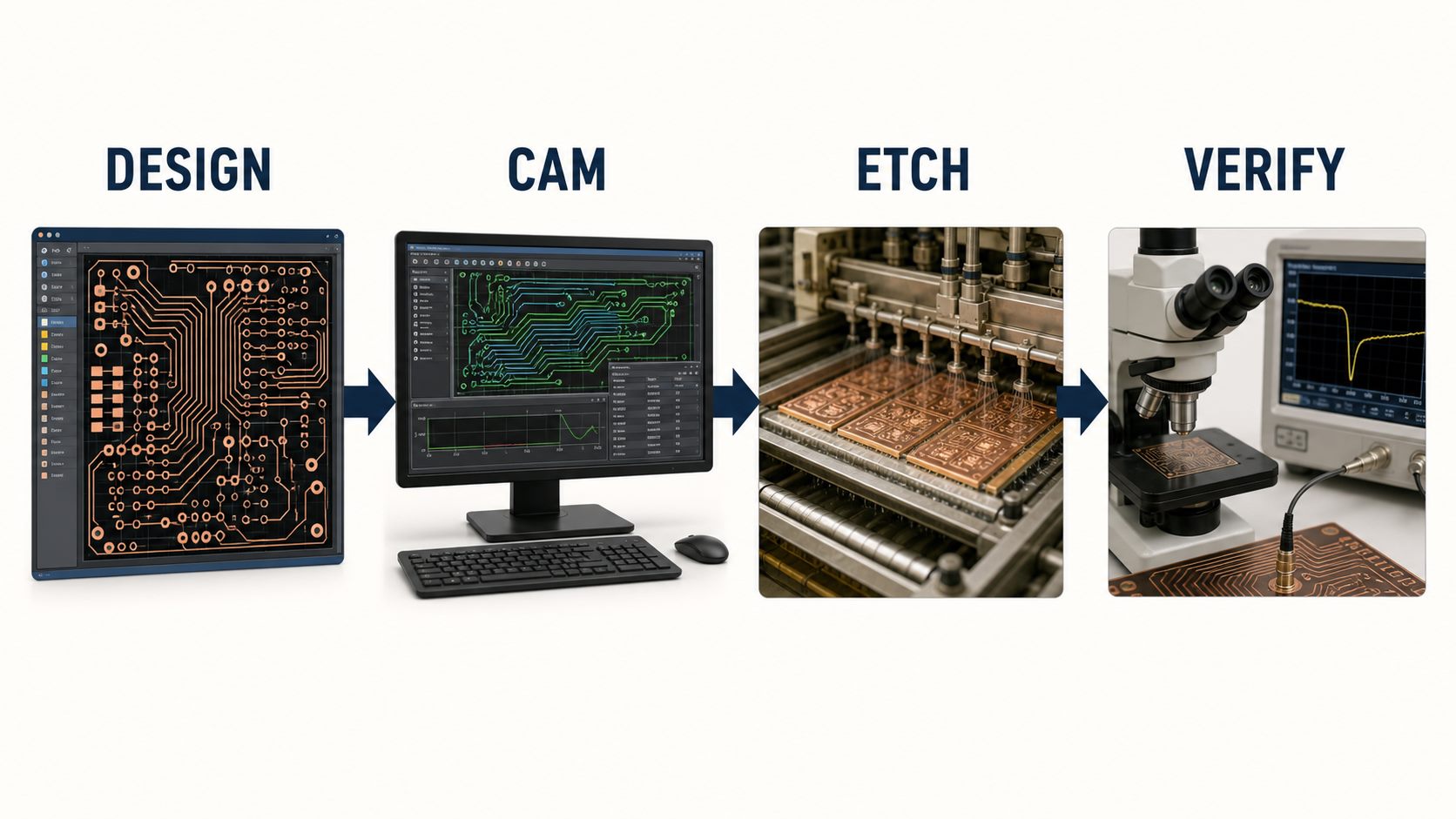 PCB workflow from design data through CAM compensation and etching to finished trace verification