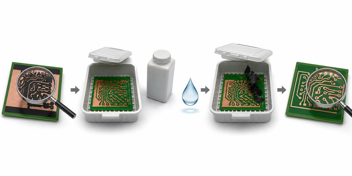 Text-free PCB etching process illustration from artwork and resist inspection through protected pattern, documented stop, resist removal and copper inspection.