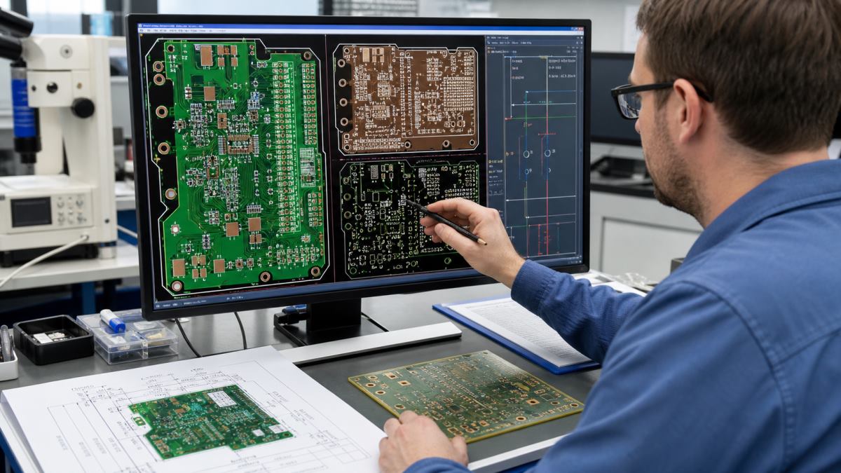 PCB file viewer checking copper solder mask outline and drill alignment