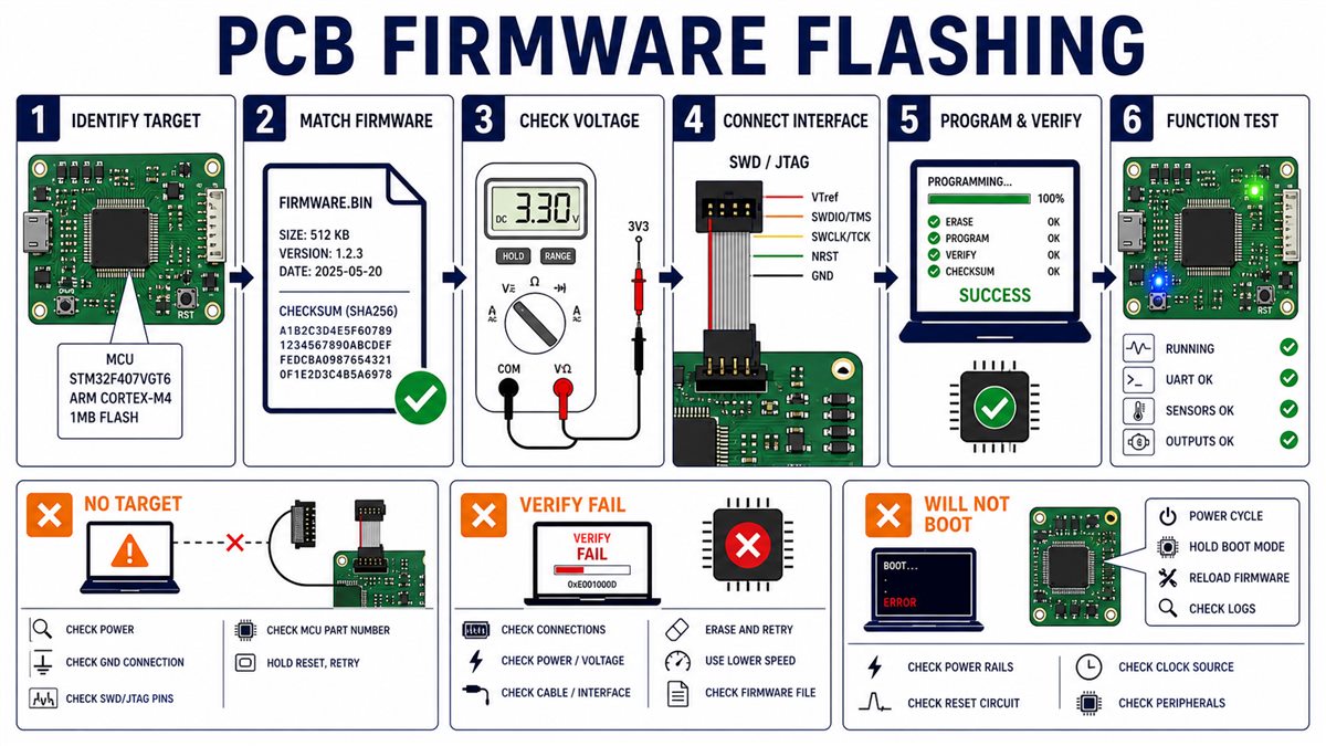 PCB firmware flashing workflow from target identification to verification