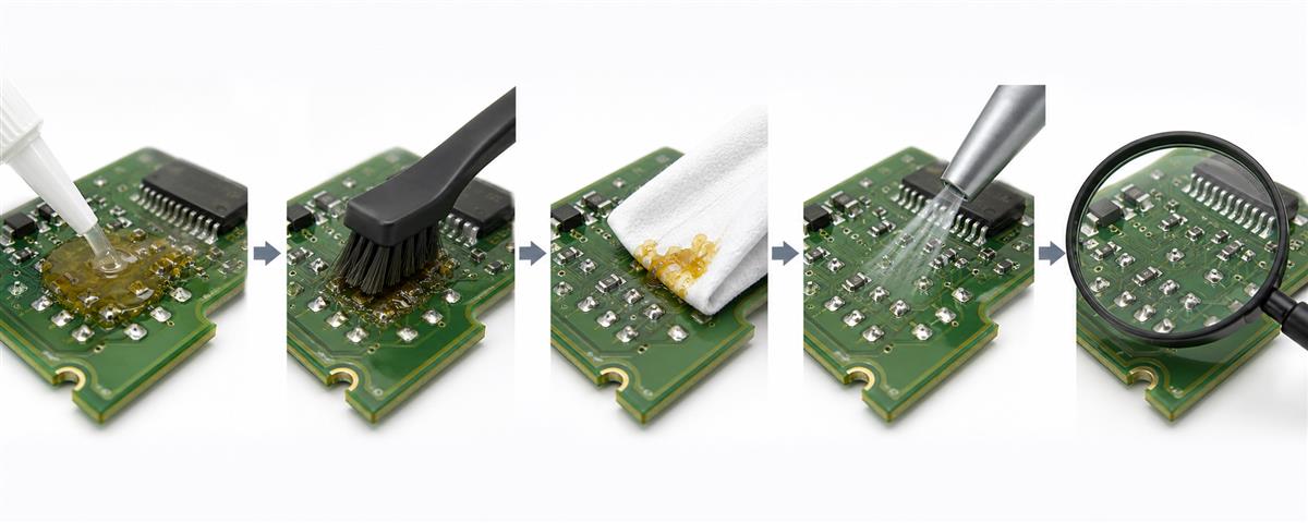 Post-solder cleaning process illustration: controlled application, gentle brushing, fresh-wipe residue transfer, drying, and inspection.