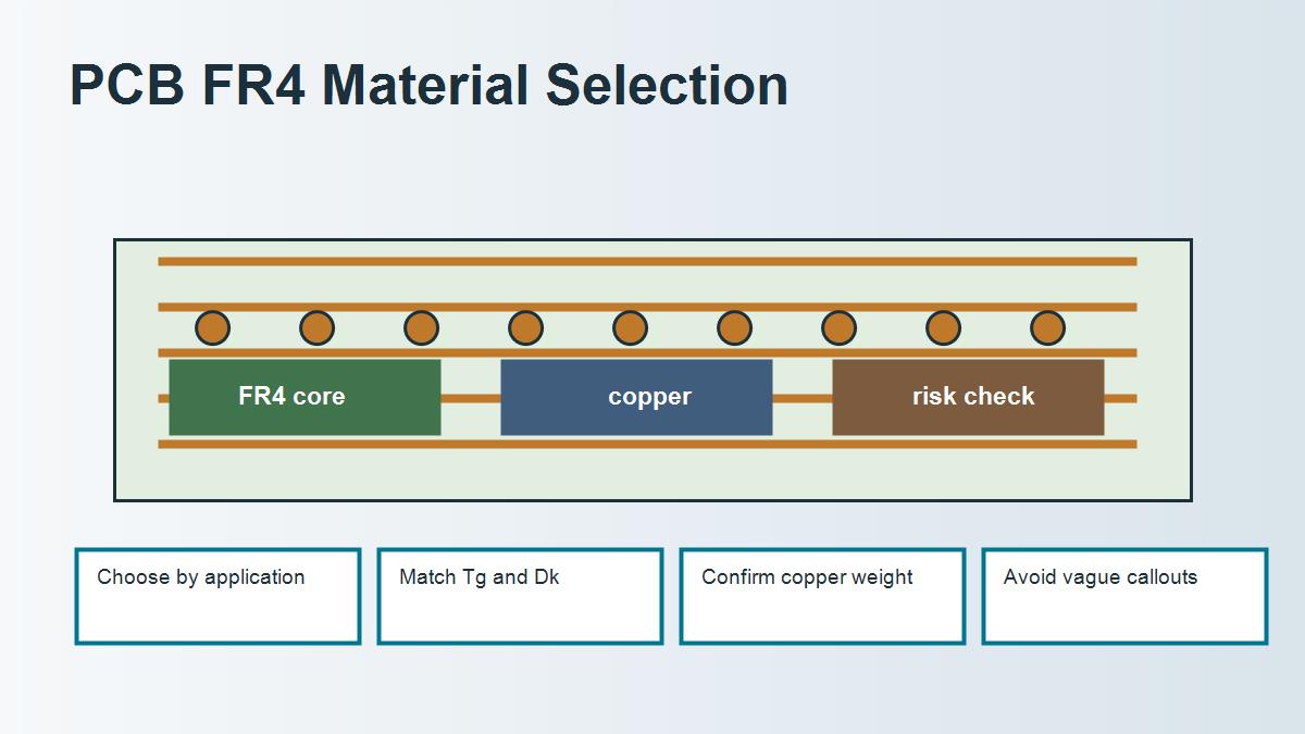PCB FR4 material selection matrix for Tg Dk Df thickness copper and application risk