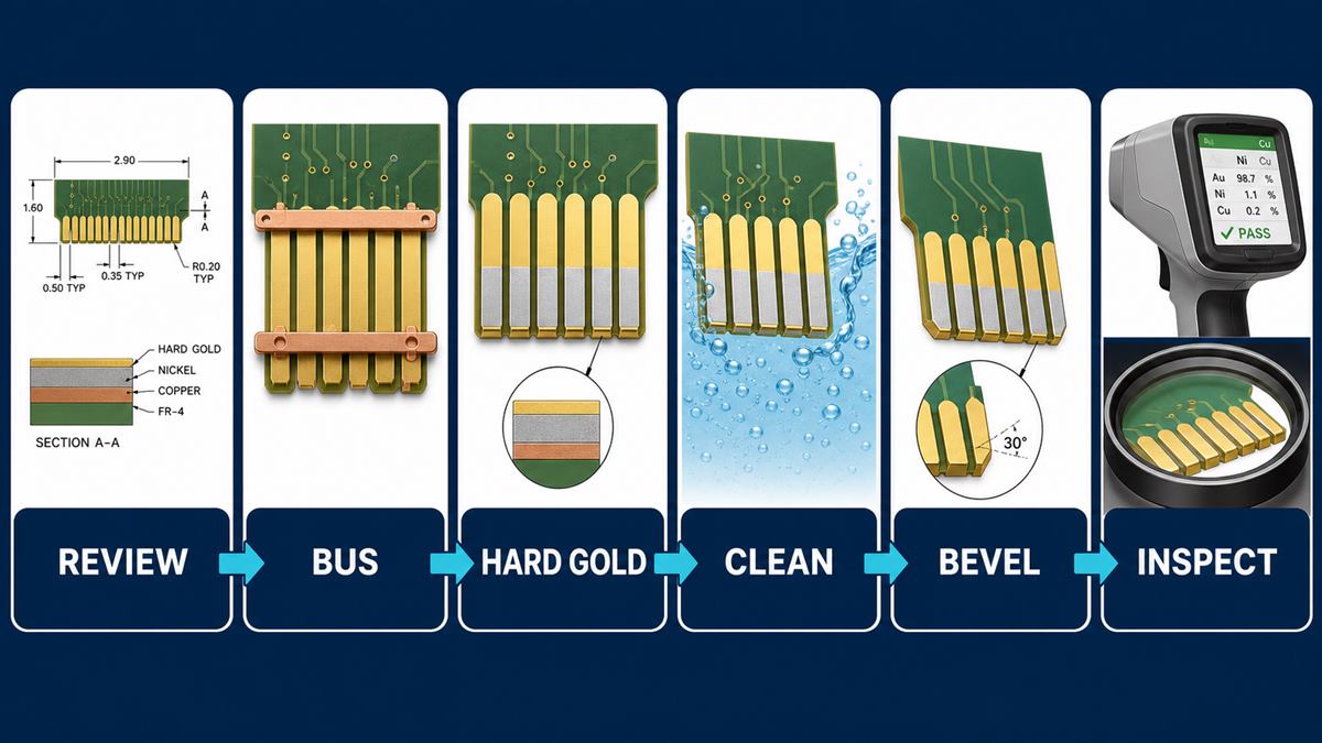 PCB gold finger process from review and plating bus through hard gold beveling and inspection