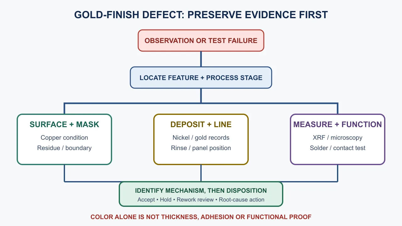 Decision flow for preserving surface, plating-line, measurement and functional evidence before correcting a PCB gold-finish defect