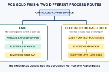 Comparison flow showing ENIG electroless nickel and immersion gold versus electrolytic nickel and hard gold with a plating bus