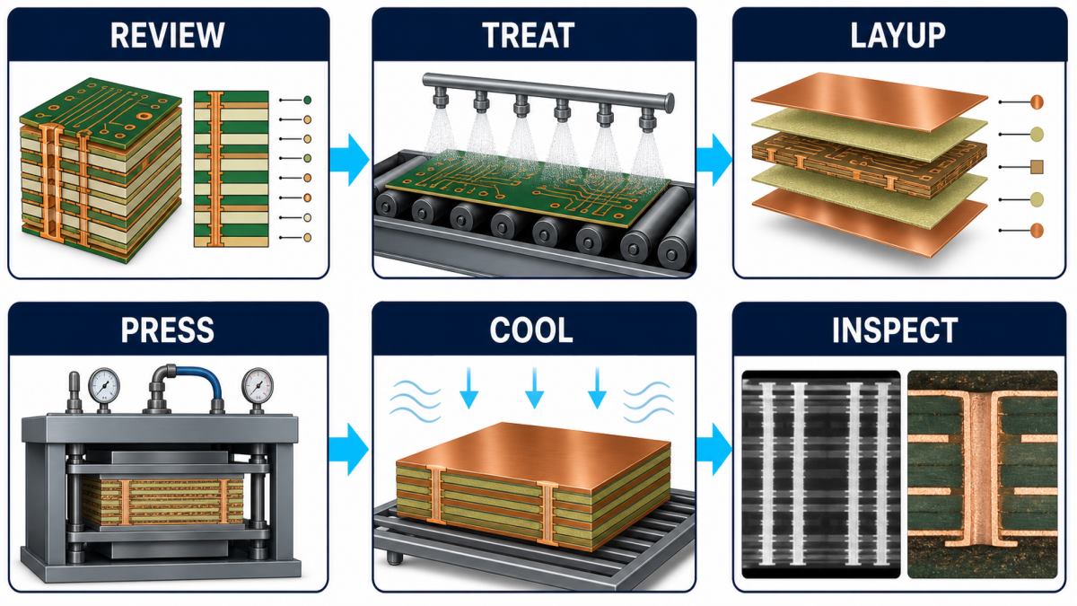 PCB lamination control flow from review and layup through pressing cooling and inspection