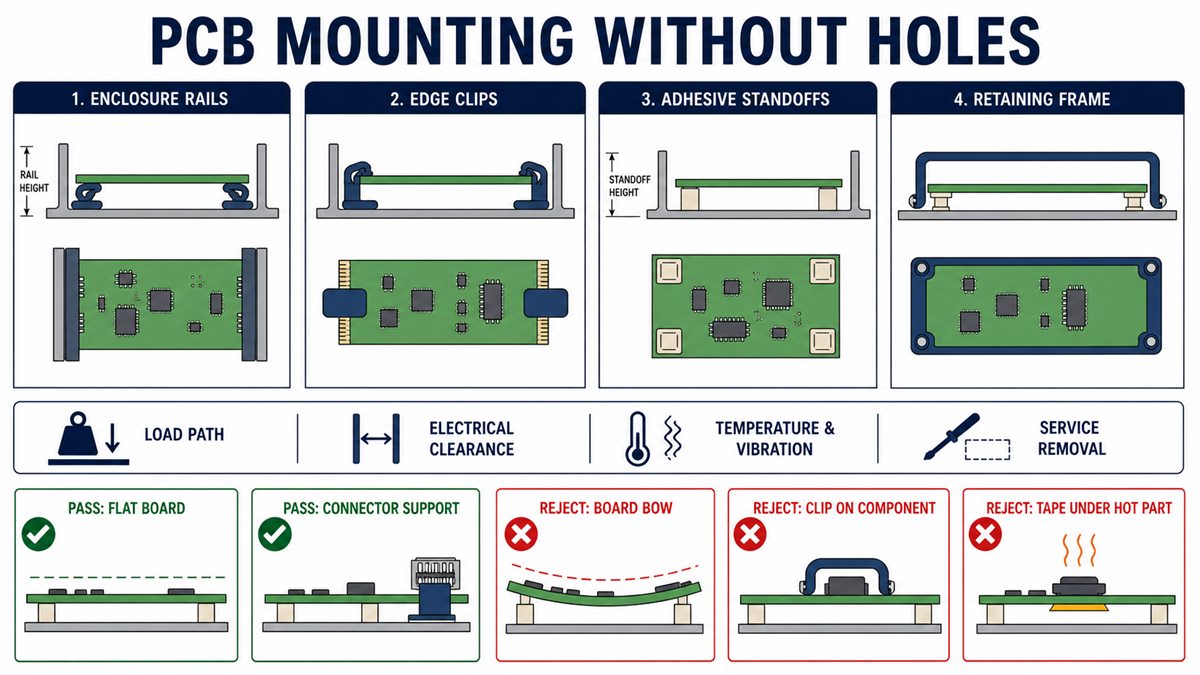 PCB no-hole mounting methods and mechanical inspection points