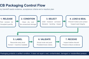 Seven-step PCB packaging control flow from product release and conditioning through selection, sealing, labeling, validation and receiving