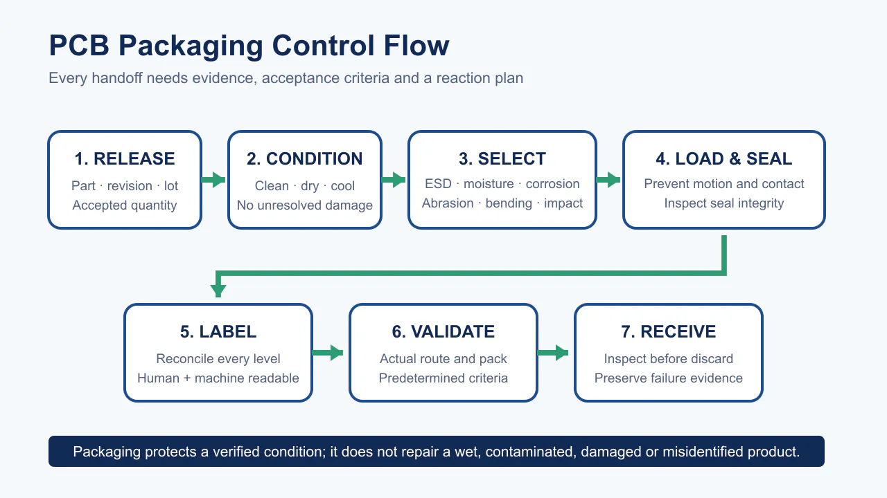 Seven-step PCB packaging control flow from product release and conditioning through selection, sealing, labeling, validation and receiving
