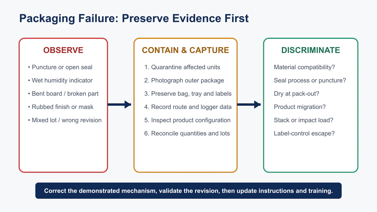 Decision flow for observing a PCB packaging failure, containing affected units, preserving evidence and identifying the demonstrated mechanism