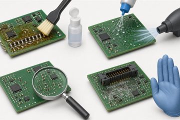 Post-solder PCB cleaning decision illustration showing residue, controlled cleaning and drying, inspection, and an unknown-residue stop point.