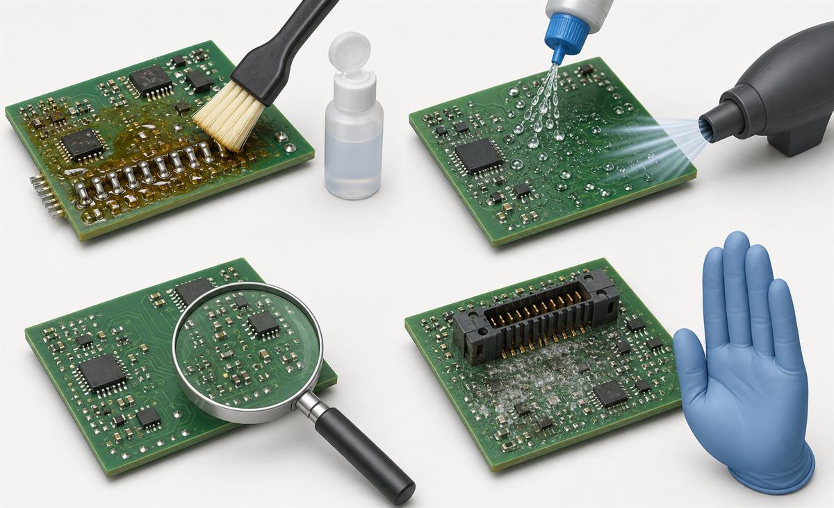 Post-solder PCB cleaning decision illustration showing residue, controlled cleaning and drying, inspection, and an unknown-residue stop point.