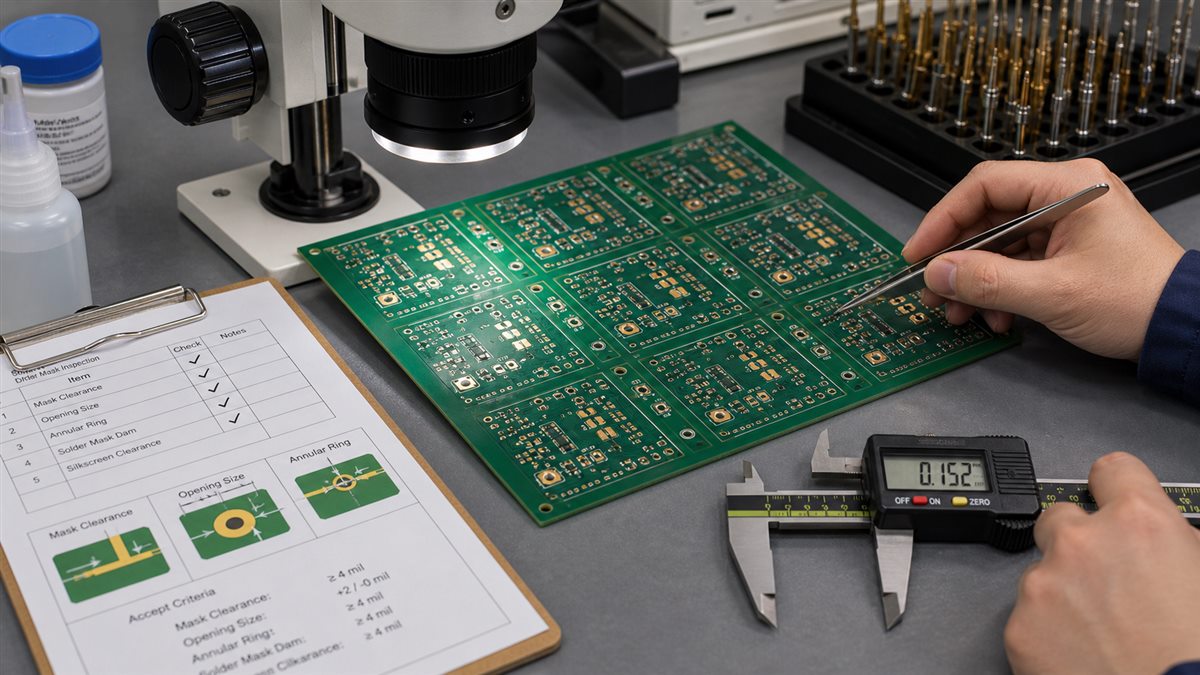 PCB solder mask DFM inspection with exposed pads and mask openings