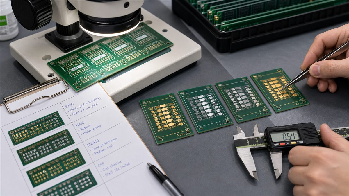 PCB surface finish comparison with ENIG HASL and OSP sample boards under inspection