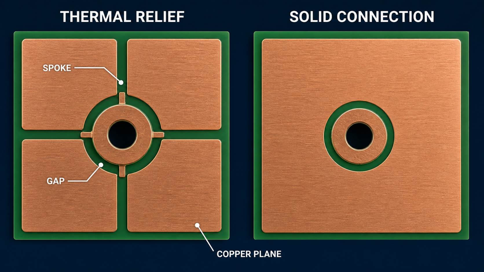 PCB thermal relief spokes and gap compared with a solid copper plane connection