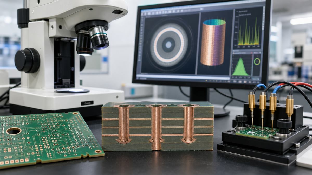 PCB via drill plating and cross-section inspection workflow