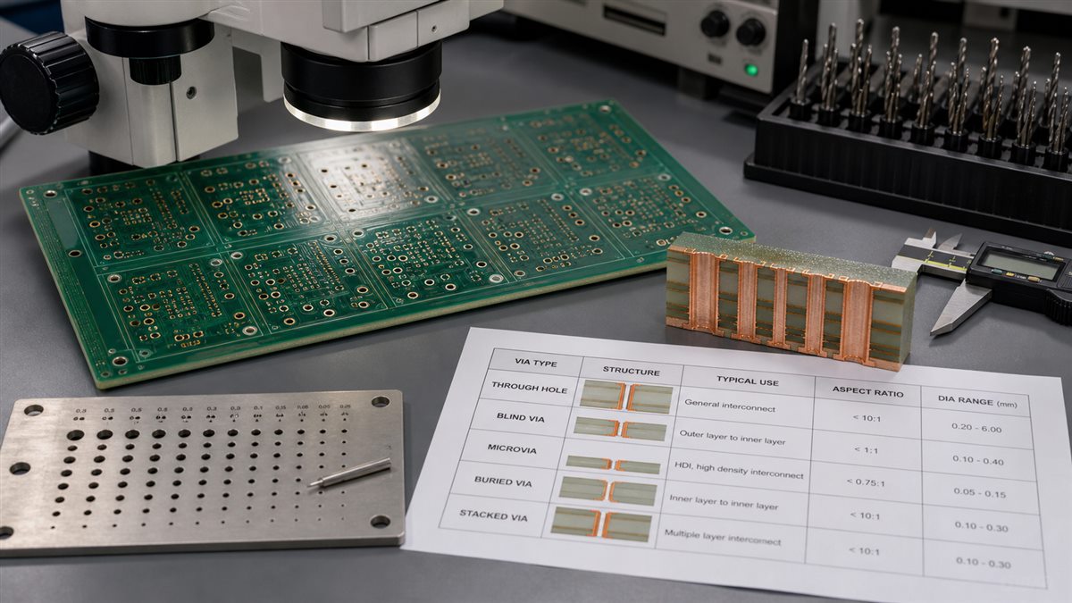 PCB via types DFM review with plated holes and drill chart