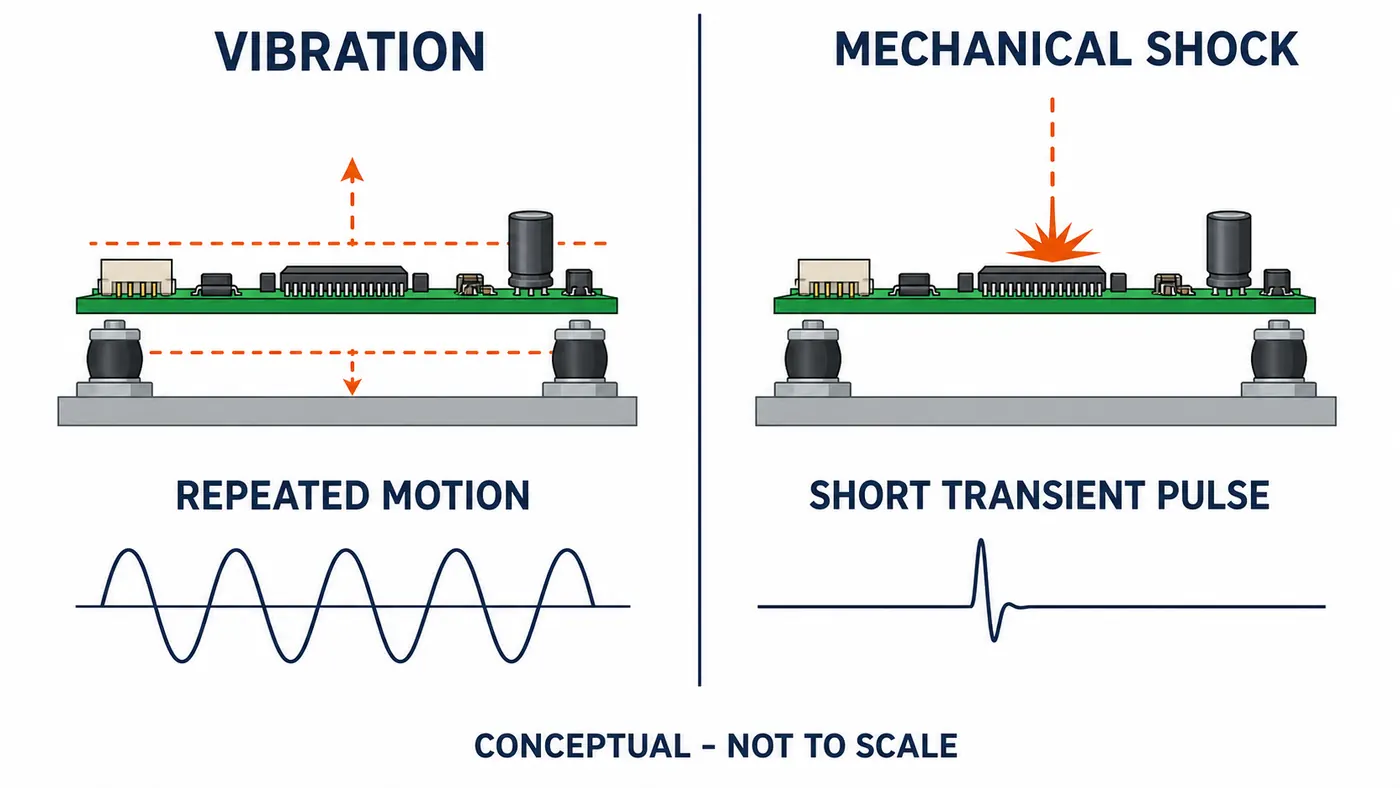 Conceptual comparison of repeated PCB vibration and a short mechanical shock pulse