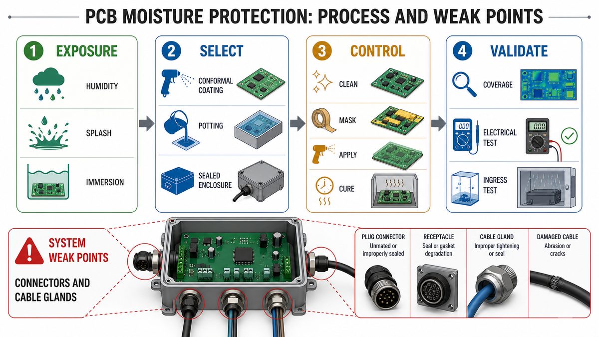 PCB moisture protection decision path from exposure classification to method selection and validation