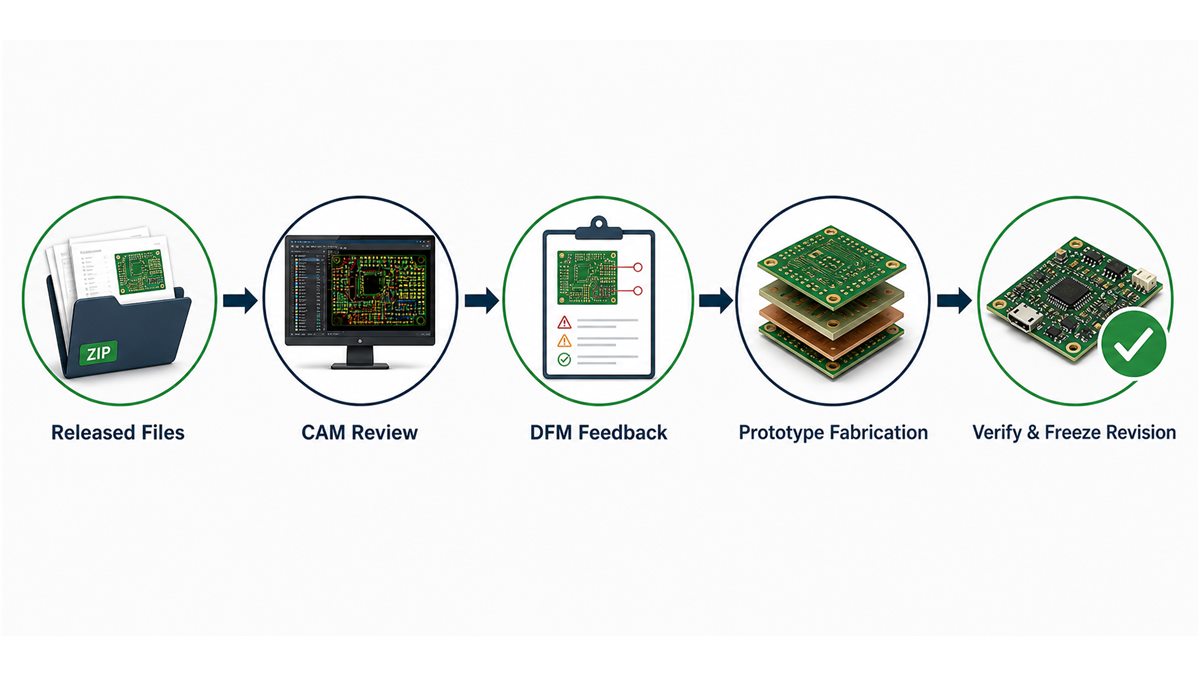 Engineering diagram showing PCB prototype file review, DFM feedback, fabrication and verification flow