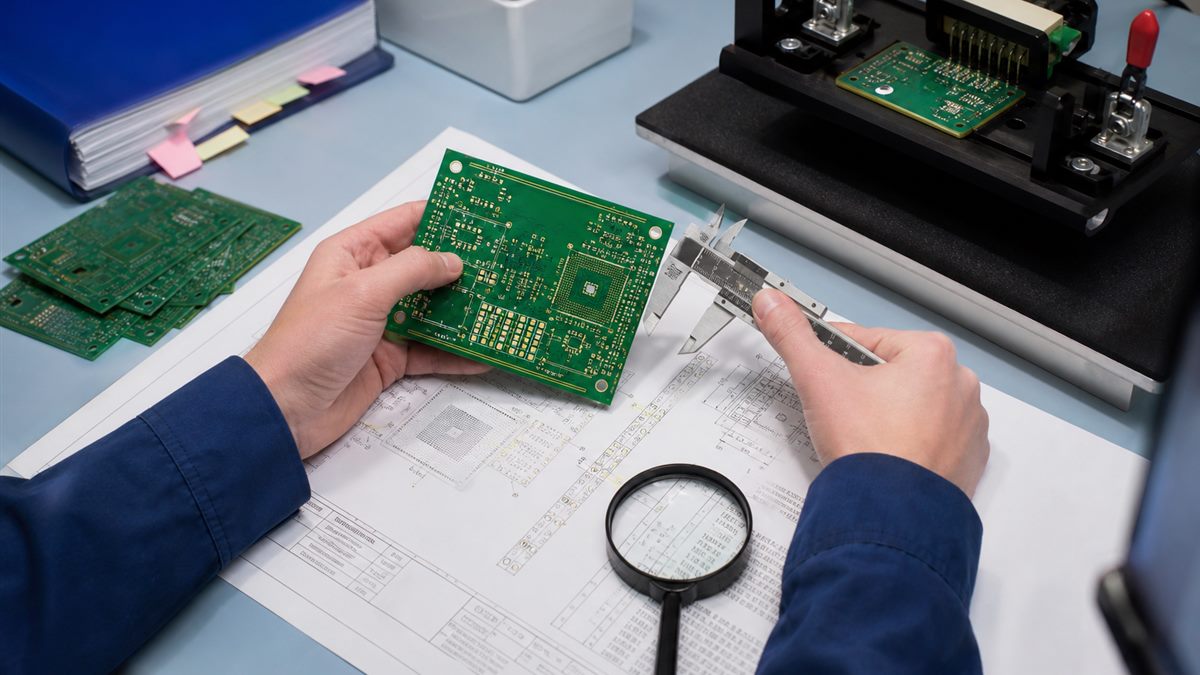 PCB prototype inspection scene with bare boards, drawing and measurement tools
