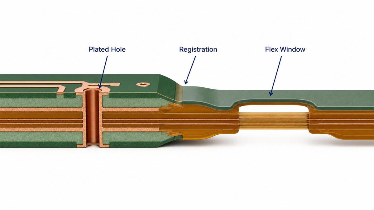 Rigid-flex PCB control zones for registration, plated-hole integrity and flex-window opening