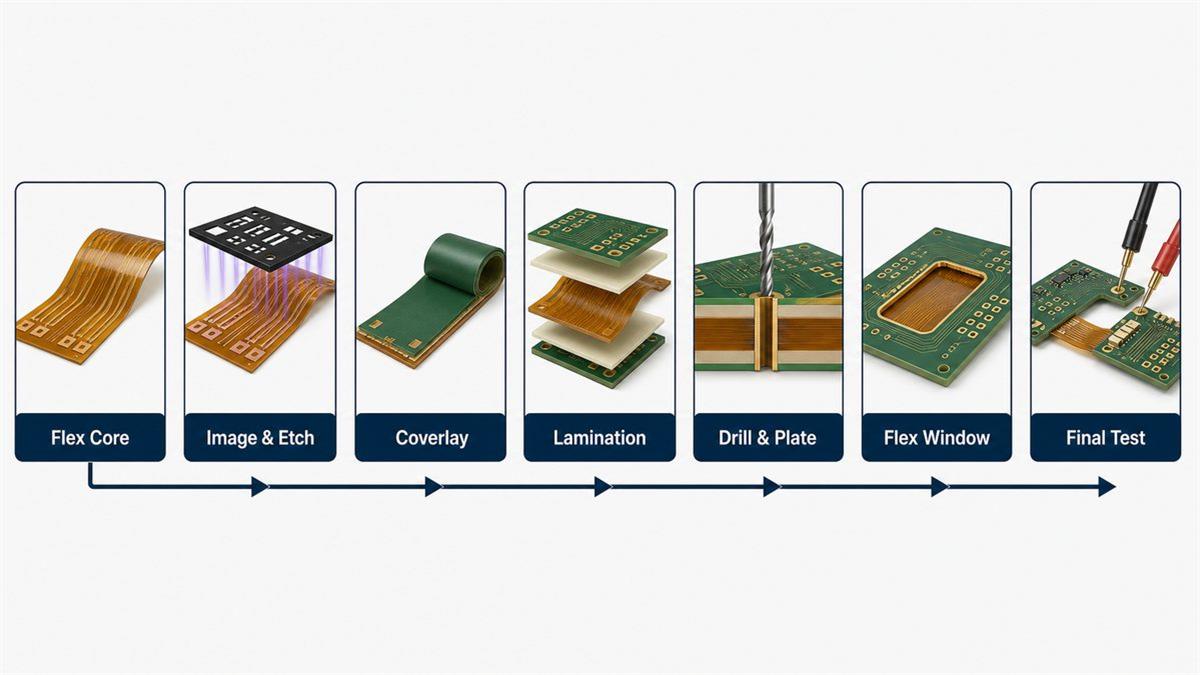 Rigid-flex PCB manufacturing flow from DFM and flex-core fabrication through lamination, flex-window opening and final testing