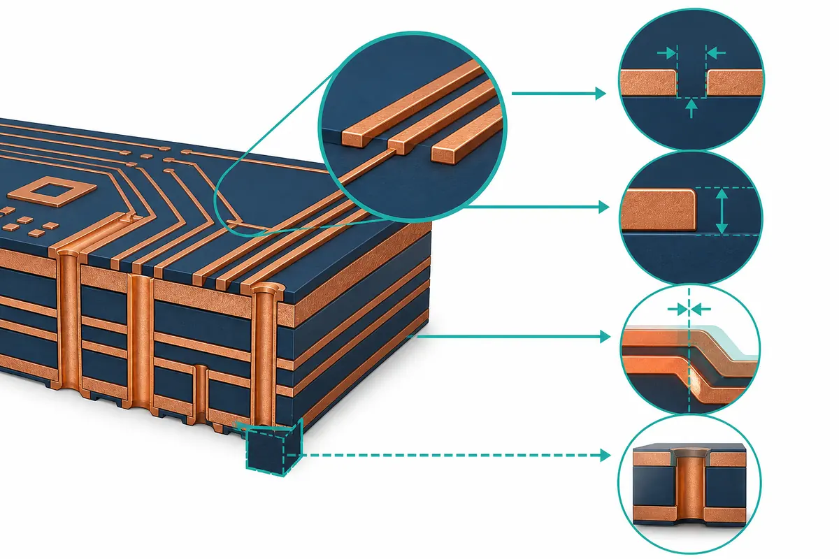 Conceptual multilayer PCB with magnified checks for trace spacing, conductor height, registration and via inspection