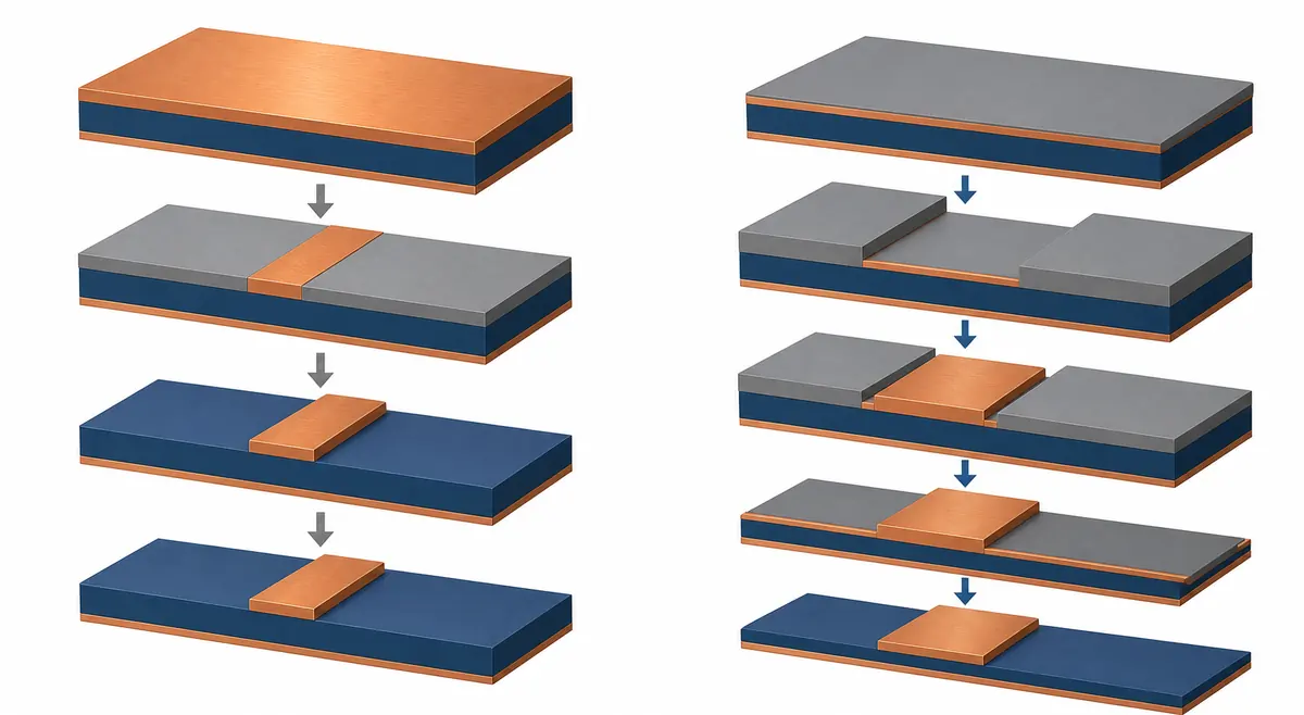Conceptual two-panel comparison of subtractive copper removal and semi-additive pattern plating on PCB dielectric