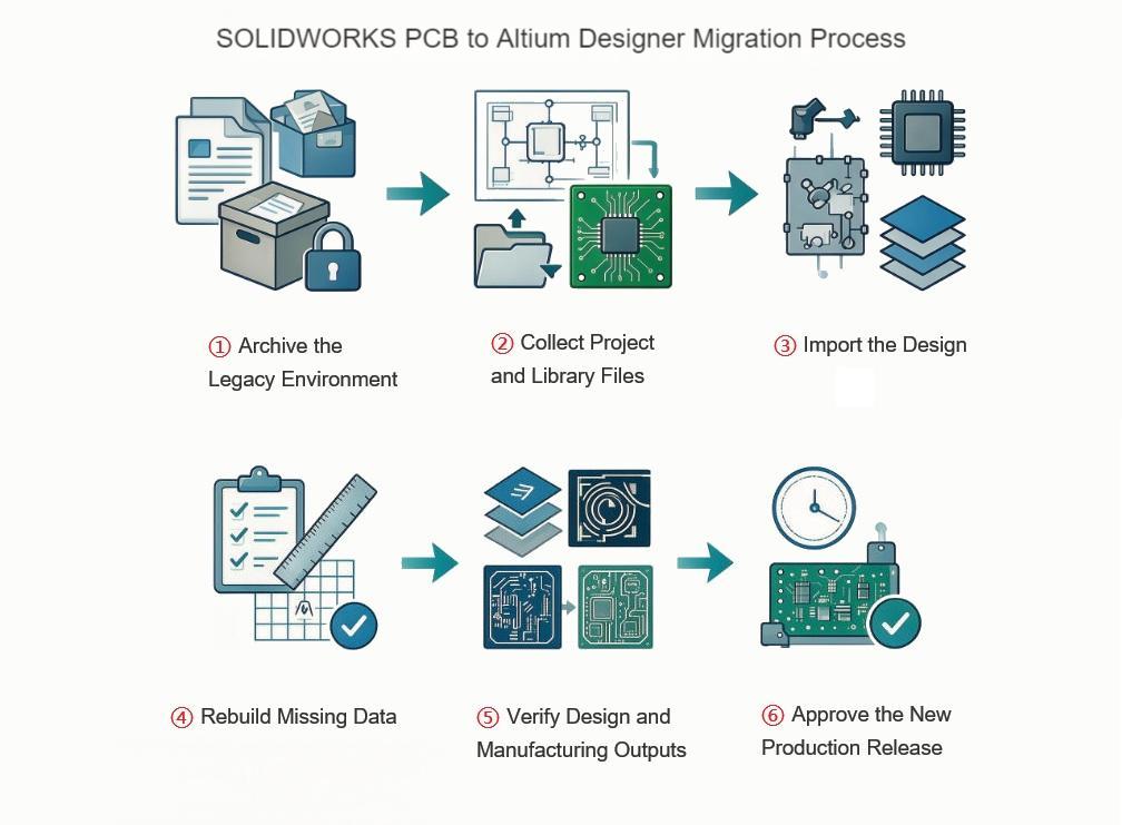 Six-phase overview of the 12-step SOLIDWORKS PCB to Altium Designer migration process