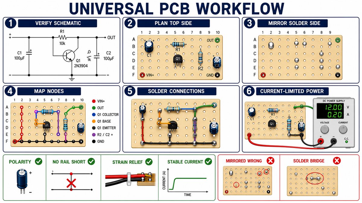Universal PCB layout transfer and first-power inspection workflow