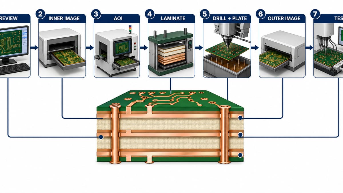 Four layer PCB manufacturing from review and inner-layer imaging through lamination drilling plating and testing