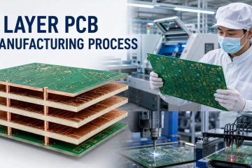 Engineer inspecting a four-layer PCB with a visible four-copper-layer cutaway
