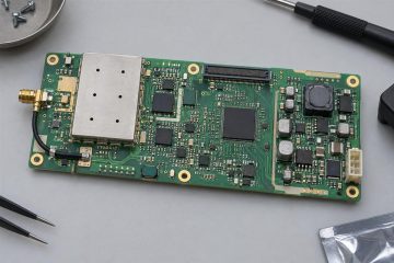Illustrative communications carrier PCB with shielded module, coaxial connector and power components