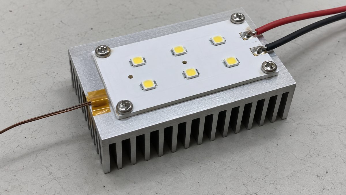 Aluminum-backed LED PCB mounted to a finned heat sink for a controlled prototype test