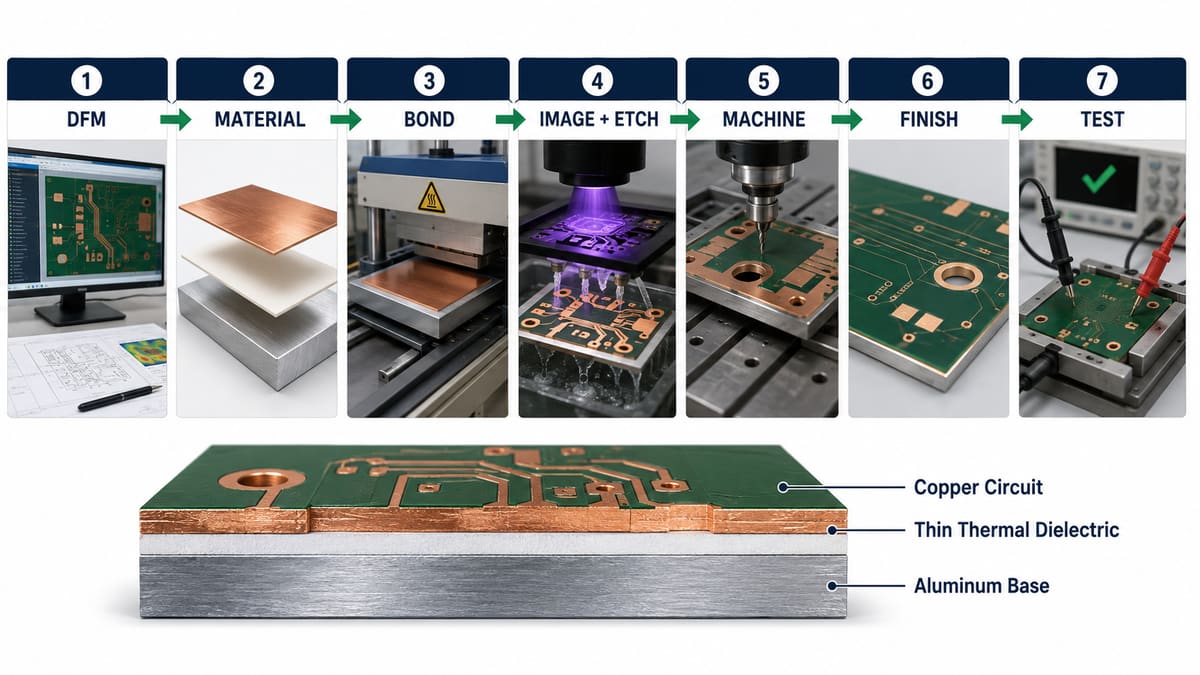 Aluminum PCB manufacturing from DFM and material preparation through bonding machining finishing and testing