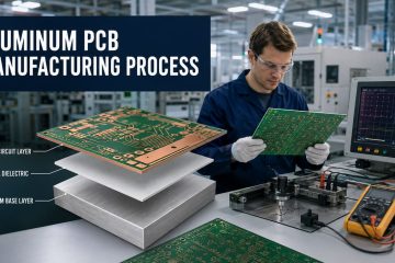 Engineer inspecting aluminum-core PCB panels and an IMS layer cutaway