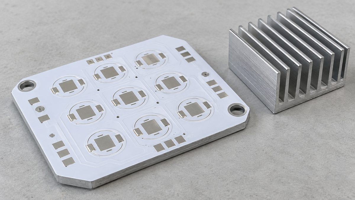 White aluminum-backed PCB prototype with exposed solder pads beside its metal heat sink