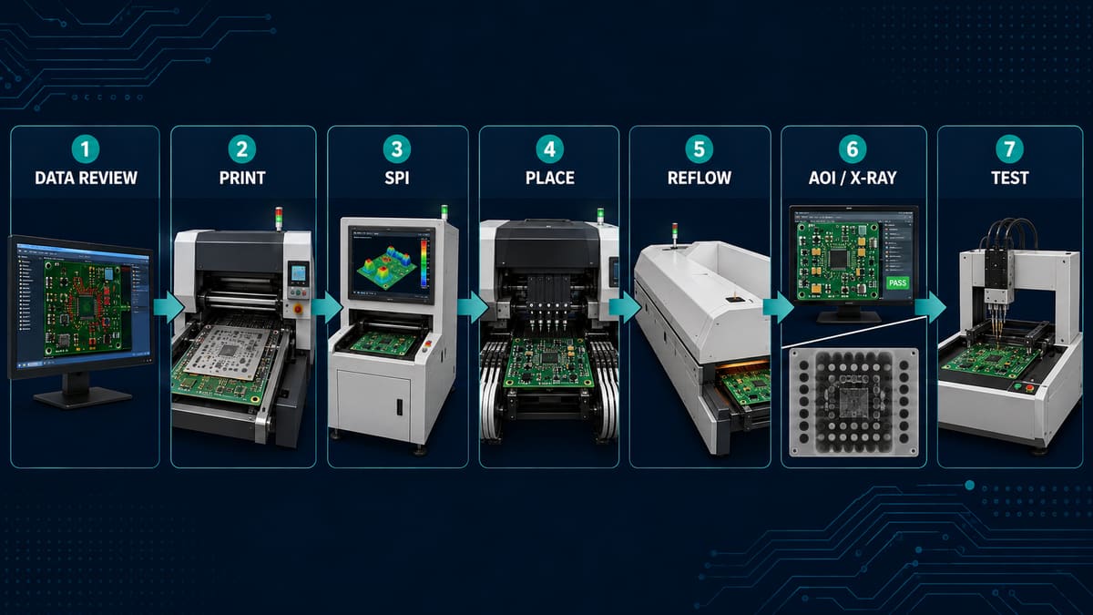 Automated PCB assembly from data review and solder paste printing through SPI placement reflow inspection and testing