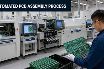 Engineer reviewing a populated PCB panel on an automated SMT assembly line